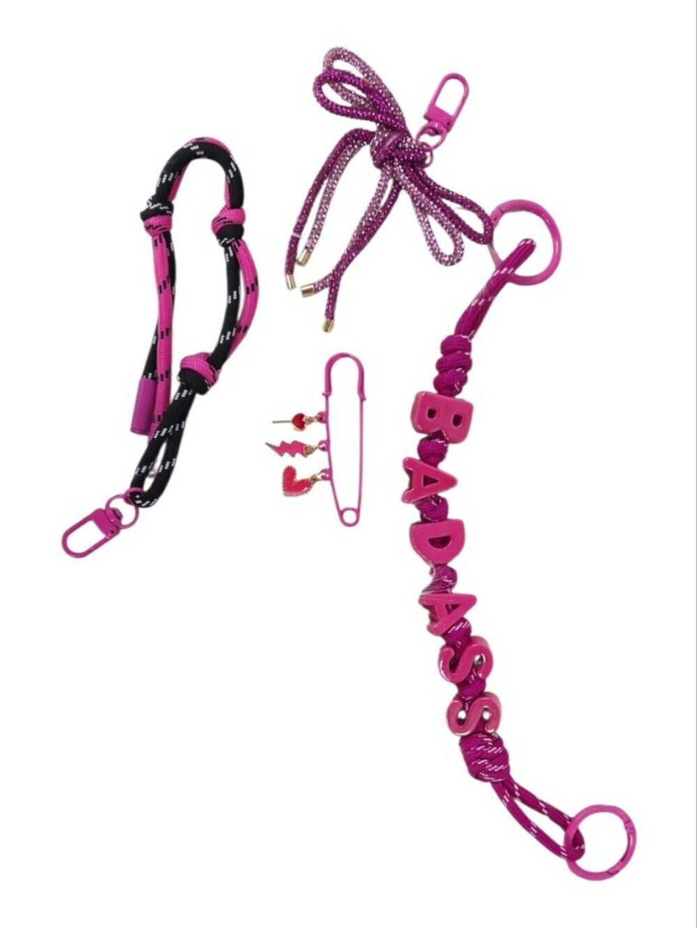 4pc Pink 'BADASS' Purse Bag Charm Keychain and Strap Set